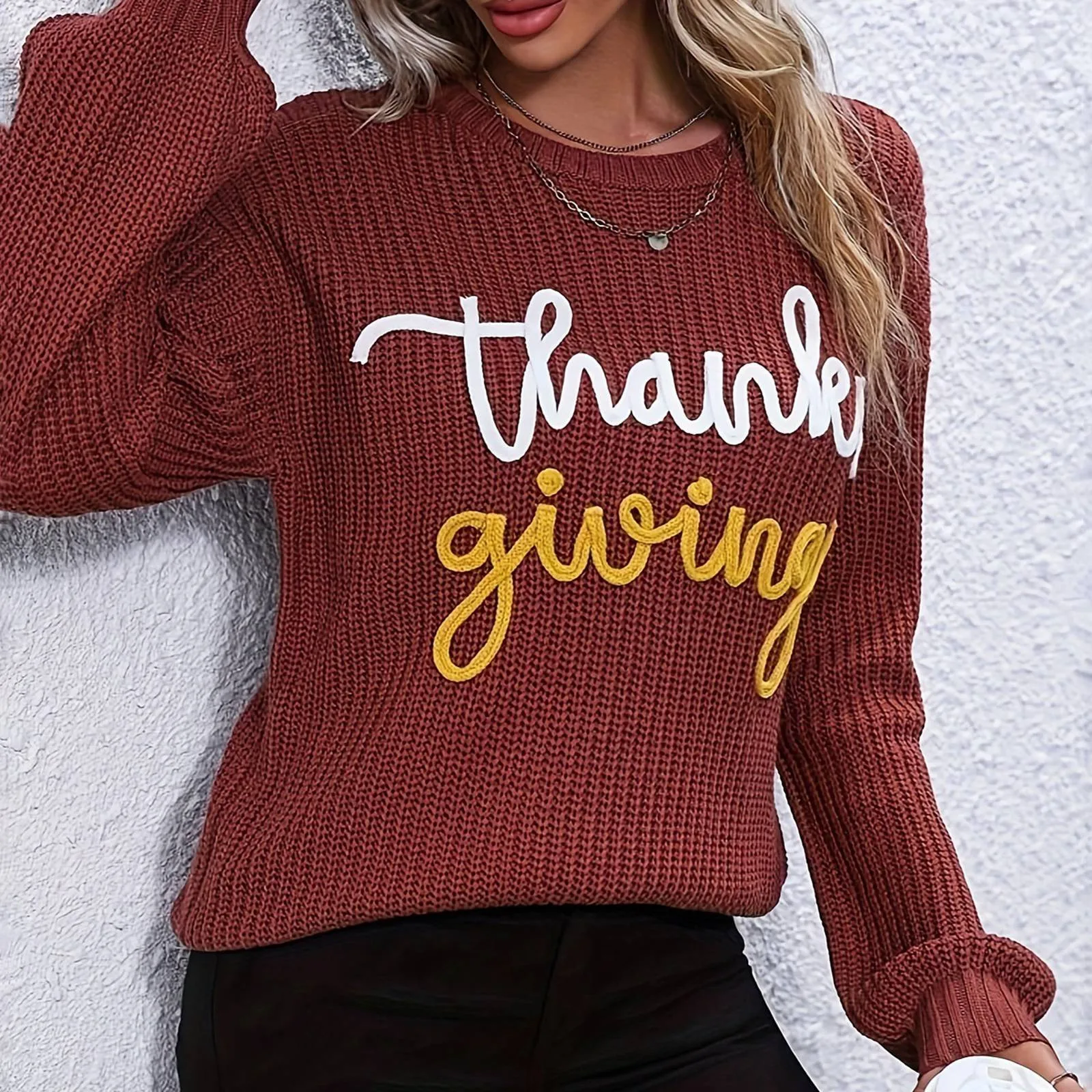 Женский Повседневный пуловер с надписью и круглым вырезом свитеры карманами