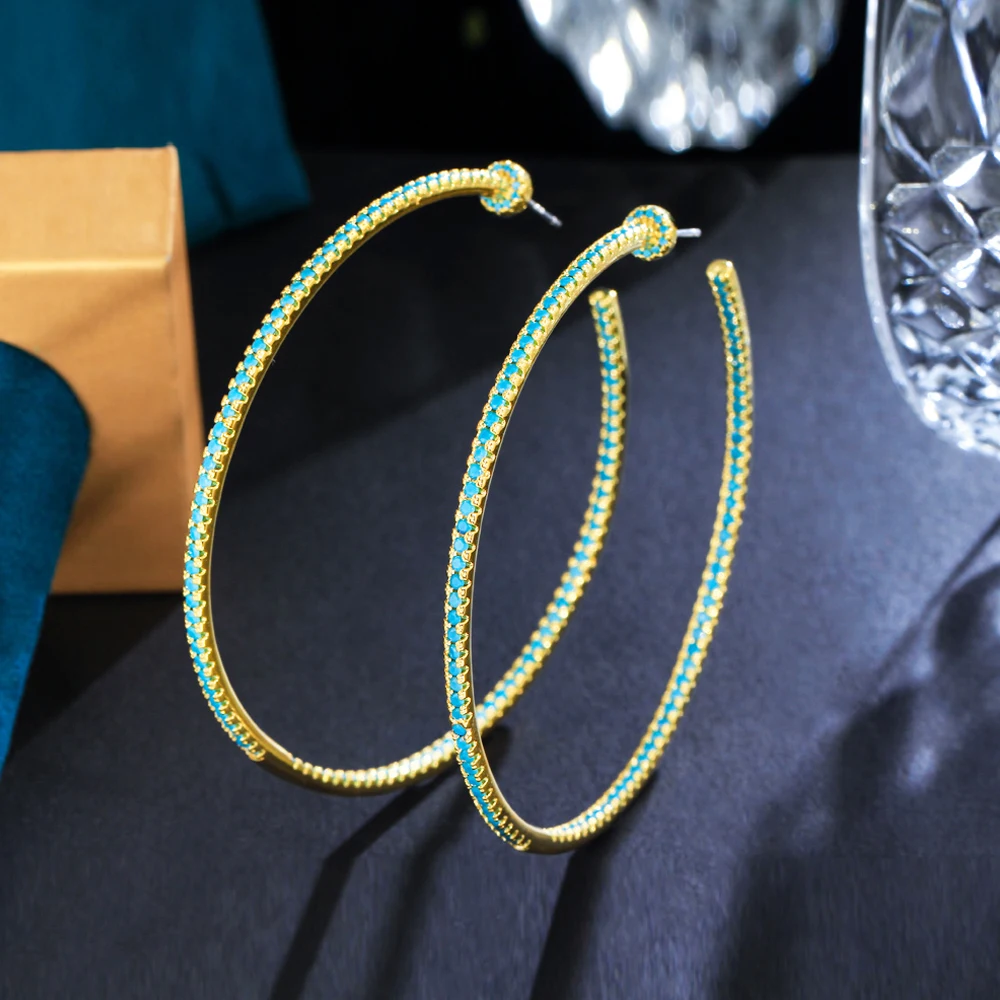 

BeaQueen Trendy Rock Hip Hop Oversized Round Hoop Party Earrings Micro Paved Blue Cubic Zirconia Stones Jewelry for Women E633