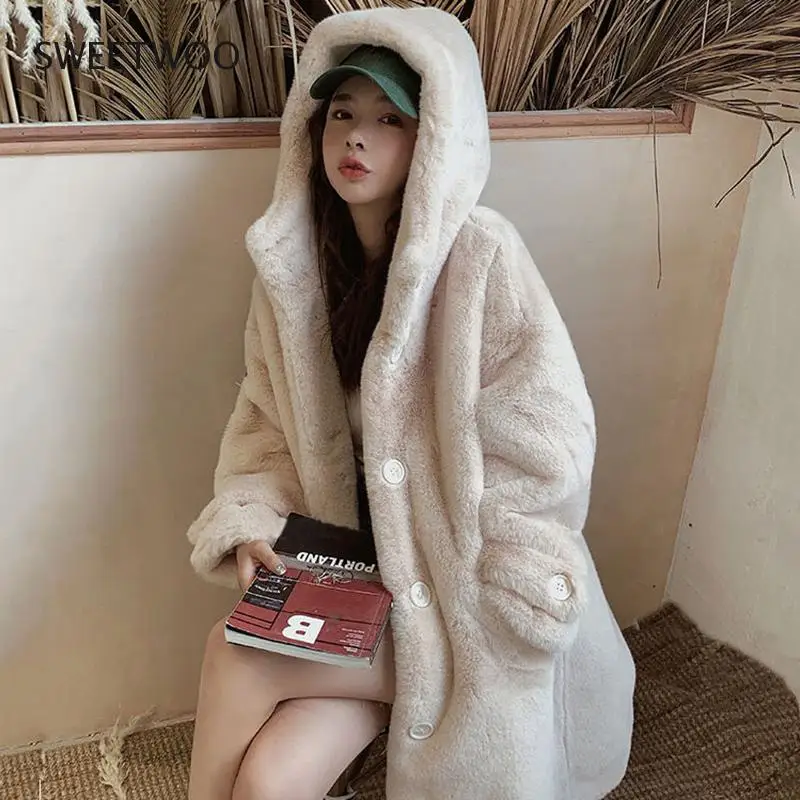 2021 New Winter Women Faux Rabbit Fur Coat Loose Long Fur Coat Large Size Hooded Overcoat Thick Warm Female Plush Coats Tide