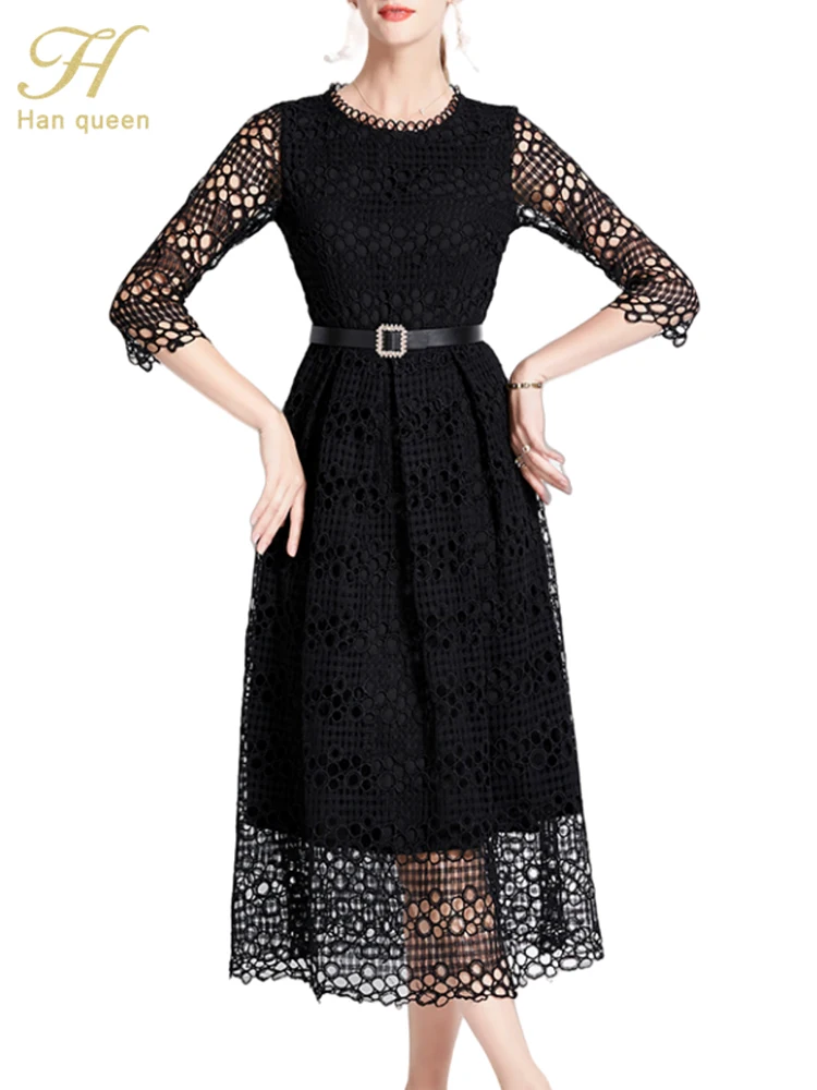 

H Han Queen Summer A-line Lace Dress Women Sexy Hollow Out Big Swing Long Dresses Special Occasion Office Casual Party Vestidos