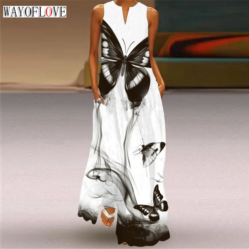 

WAYOFLOVE Lady Spring Summer Long Dress Sleeveless White Butterfly Print Party Dresses For Women 2023 Casual Beach Women's Dress