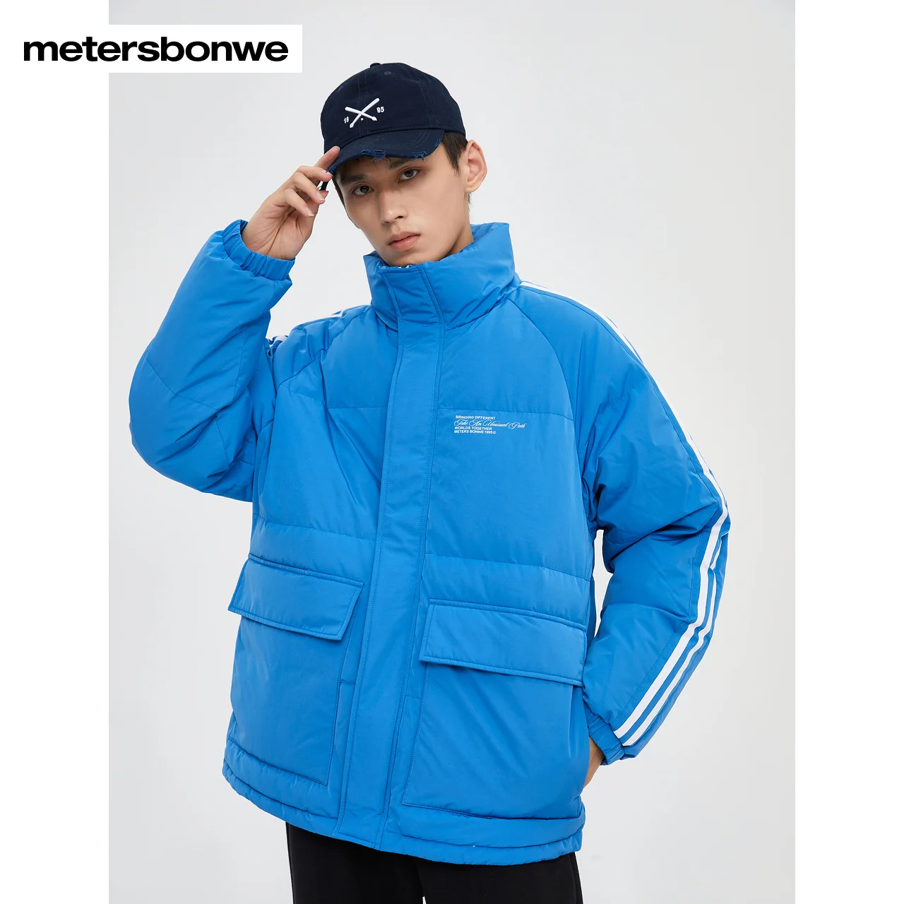 Metersbonwe Men's 22New Winter Stripe Down Jackets Sport Style 80%Duck Down Thick Fashion Warm Wear Stand Collar Loose Outwear
