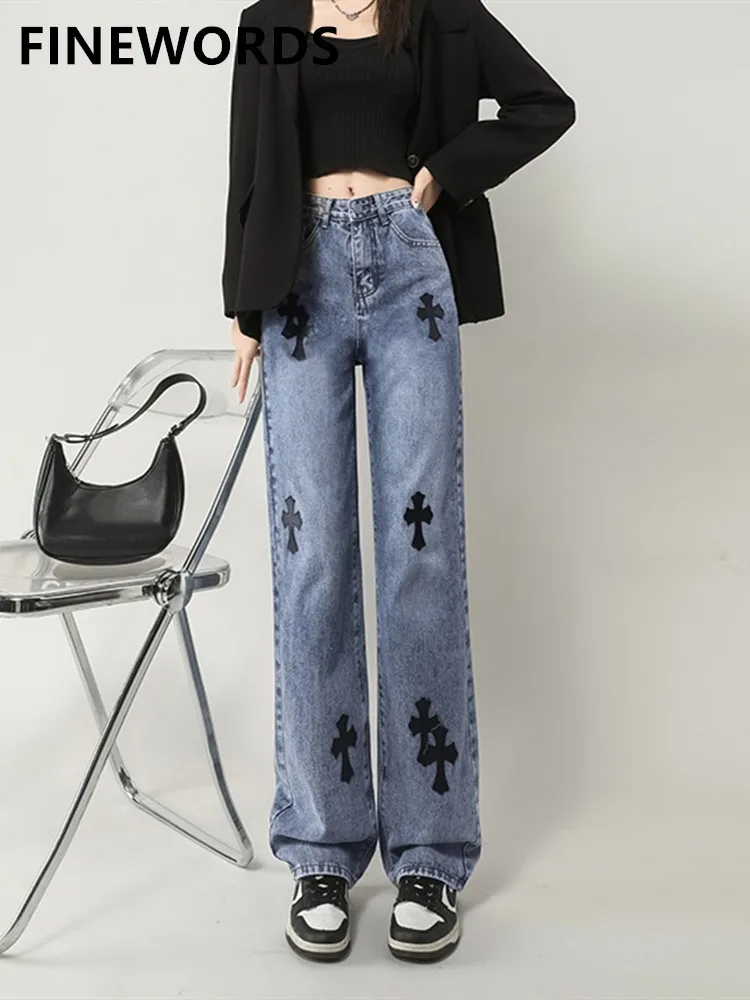 

FINEWORDS Fashion Streetwear Retro Blue Cross Embroidery Jeans Women High Waist Baggy Jeans Loose Korean Wide Leg Denim Pants