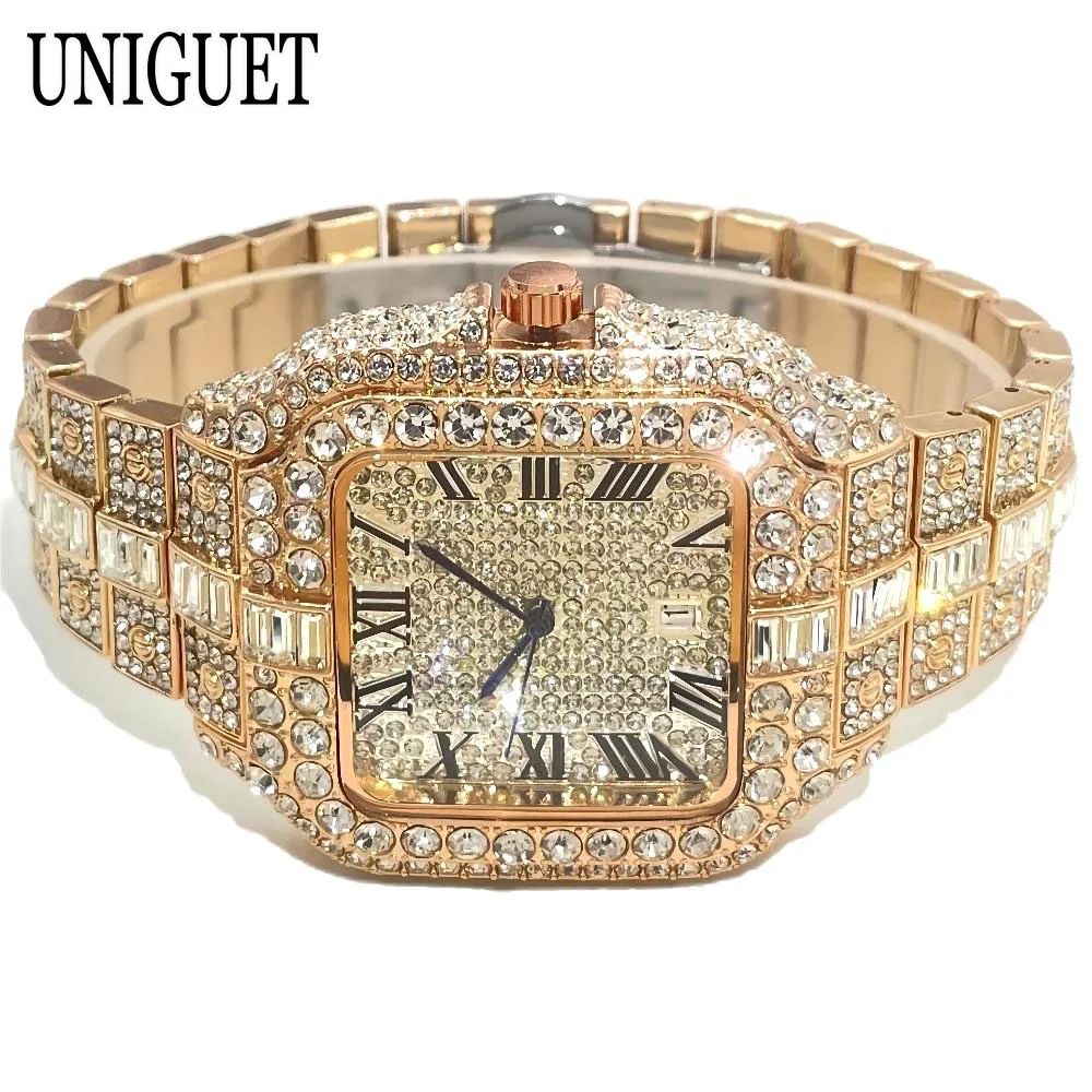 Фото UNIGUET модные часы для мужчин, роскошные розовые квадратные кварцевые часы Iced Out, мужские ювелирные часы в стиле хип-хоп с бриллиантами, наручные часы Reloj HombreU №3