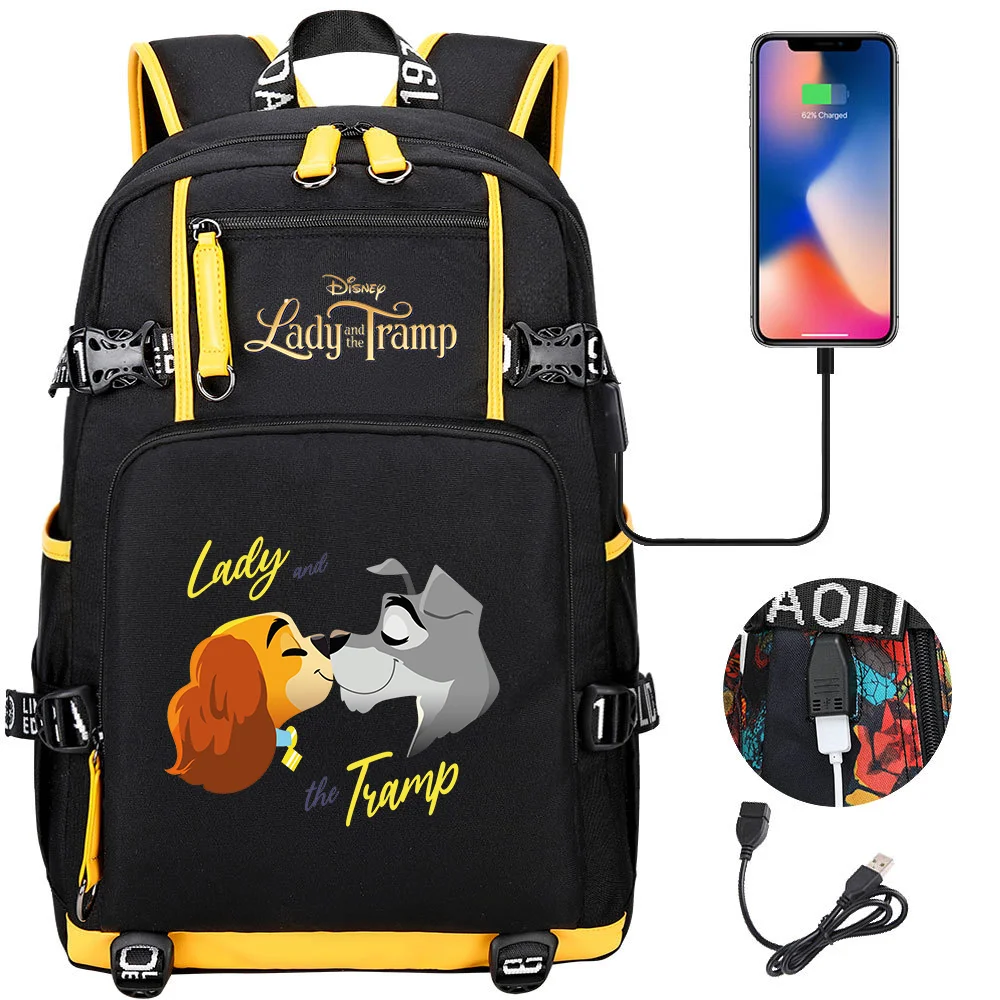 New Disney Lady and the Tramp Backpack Women Men Large Capacity Laptop Bag Waterproof Multifunction USB Charging Casual Backpack