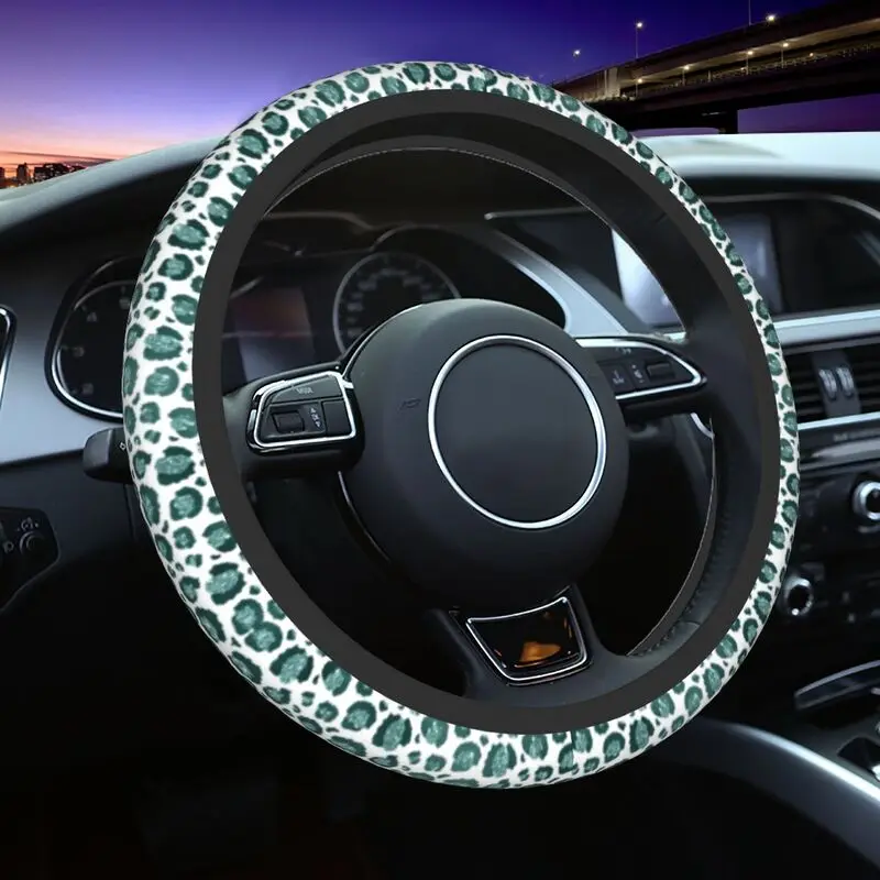 

37-38cm White And Teal Leopard Print Steering Wheel Cover Women Men Cheetah Spots 14.5-15 Inch Steering Wheel Protector for SUV