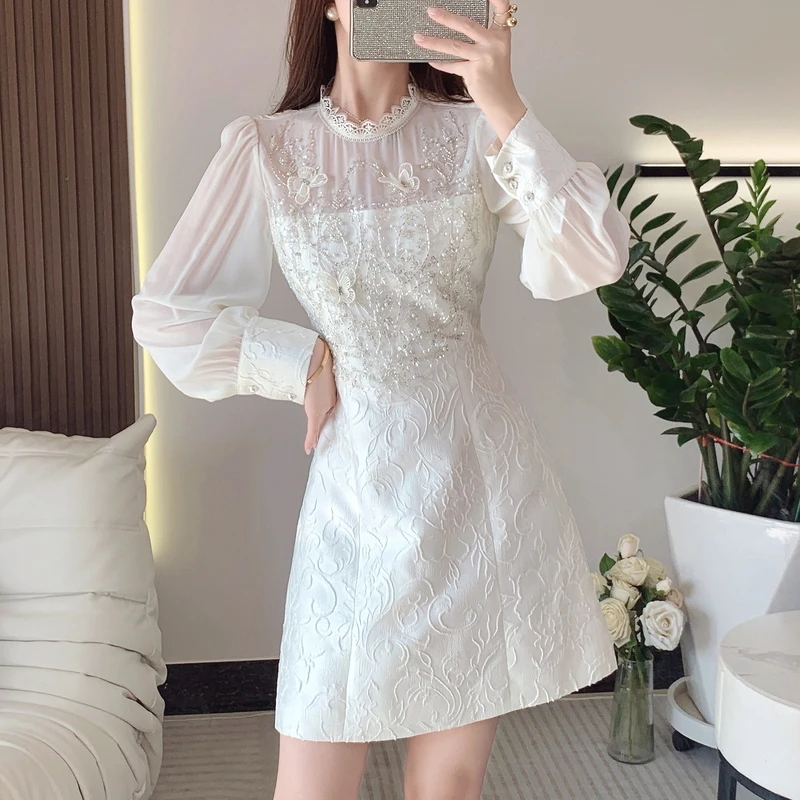 

White Jacquard Beading Dress Women Lantern Sleeve High Waisted Bodycon Clothing Elegant Vintage Luxury Design Vestido 2023