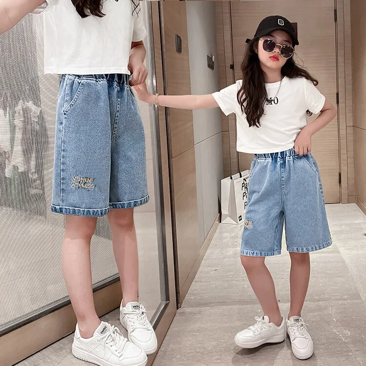 

Kids Wide Leg Short Pants Trousers Teen Girls Short Jeans Summer New Fashion Thin Denim Middle Pants For Kids 4-16Yrs