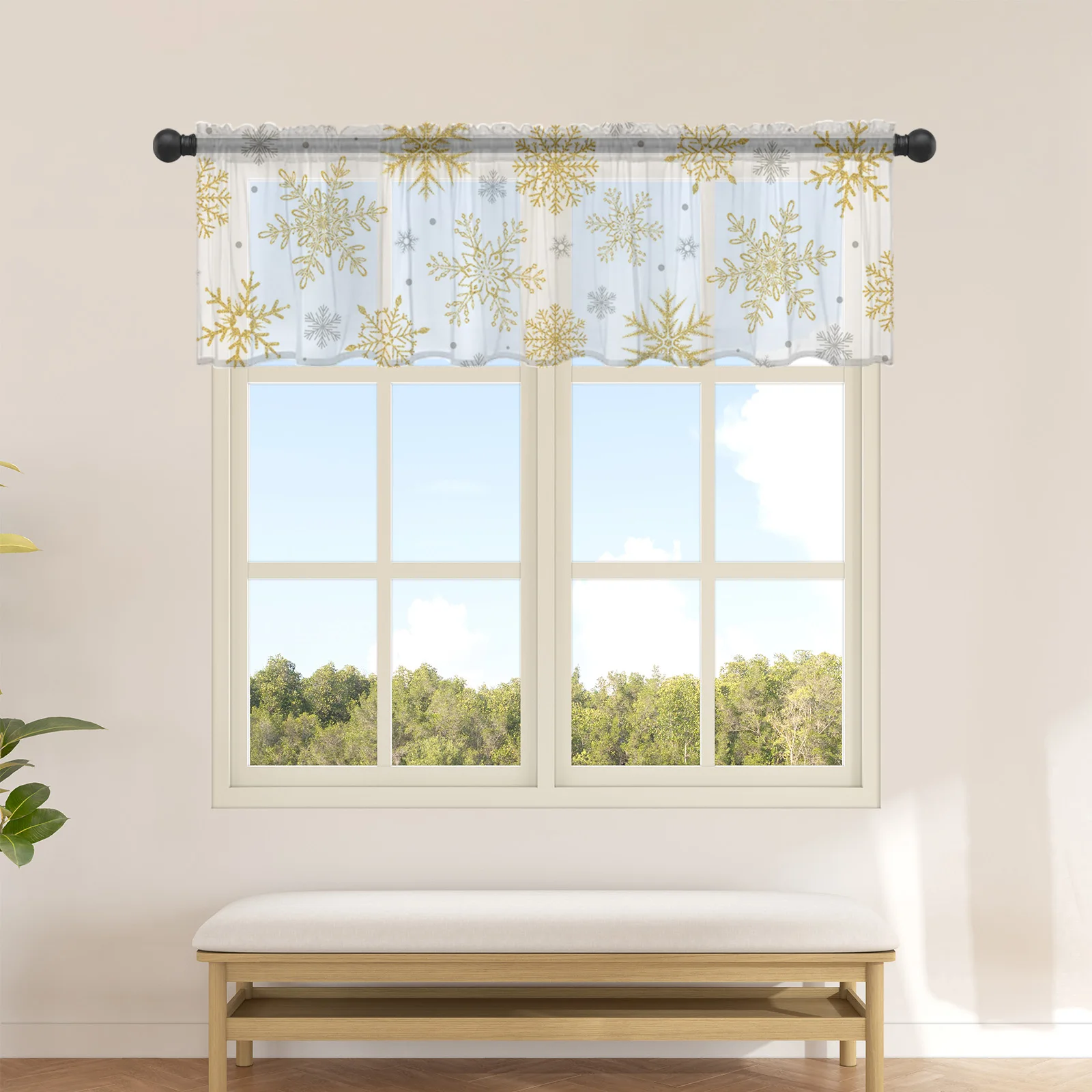 

Christmas Golden Snowflake Texture Short Tulle Curtains for Kitchen Cafe Sheer Voile Half-Curtain for Bedroom Doorway
