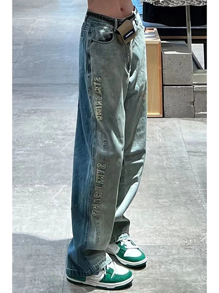 

American Vintage Blue Straight Jeans Fashion Letter Printing High Waist Wide Leg Pants Y2K Washed Denim Trouser Ladies Autumn
