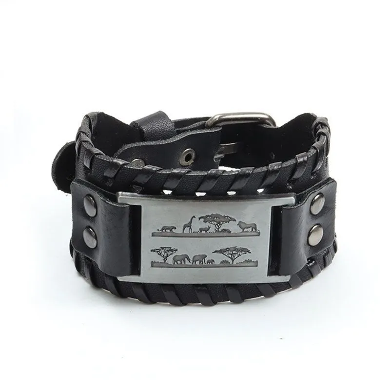 

Vintage Viking Leather Woven Bracelet Men's Animal Pattern Wide Leather Bracelet