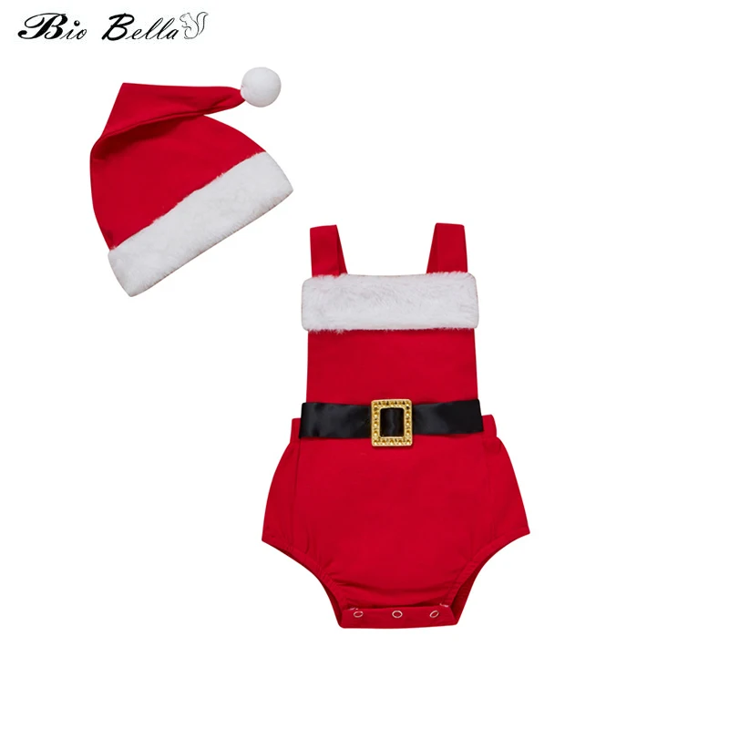 

Infant Baby Girls 2Pcs Christmas Outfits Sleeveless Strap Jumpsuit with Hat 2Pcs Set Santa Claus Girl Costume