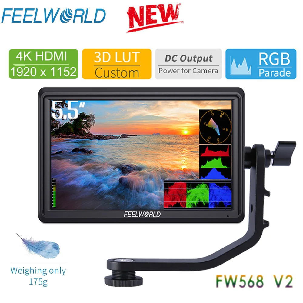 

FEELWORLD FW568 V2 5.5 Inch 3D LUT DSLR Camera Field Monitor IPS Full HD1920x1152 Support HDMI Output With Tilt Arm Touch Screen