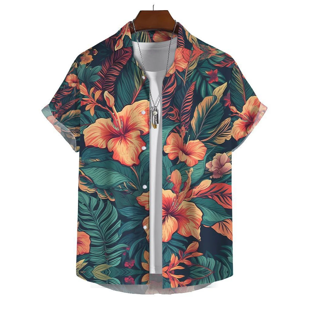 

2022 Summer Hawaiian Beach Seaside Flowers Green Leaves Shirt For Men Button Up Thin Short Sleeve Shirts Korean Fashion Clothes