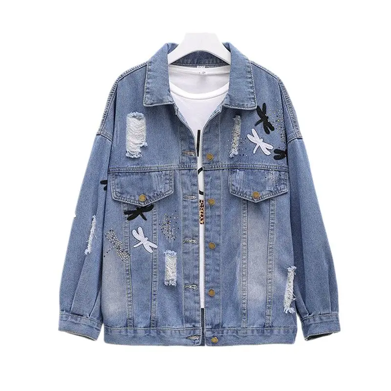 

UHYTGF Autumn Jeans Jacket Women Clothes Loose size Dragonfly Embroidered Vintage Denim Coat Women Single-breasted Ropa Mujer682