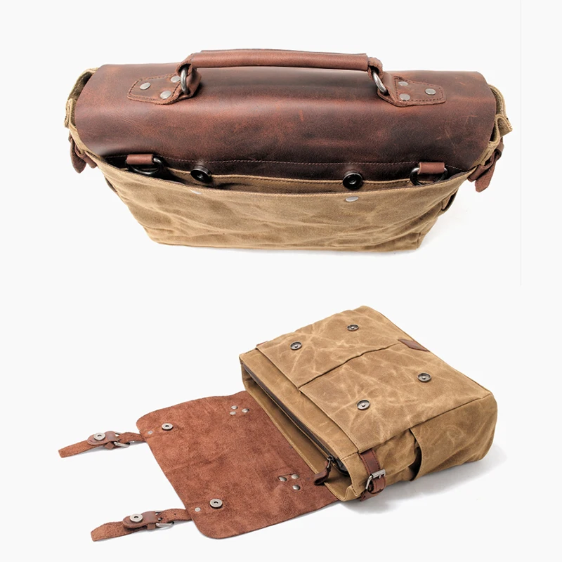 Retro multifunctional canvas genuine leather men's briefcase waterproof motorcycle side bag business travel work laptop handbag