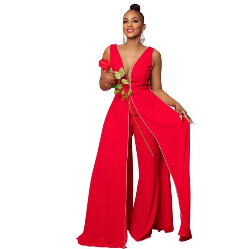 

2023 Summer Fashion Long Sexy Solid Sleeveless Slit Jumpsuit Women Elegant Deep V Neck Backless Bodysuit One Piece Outfit Women