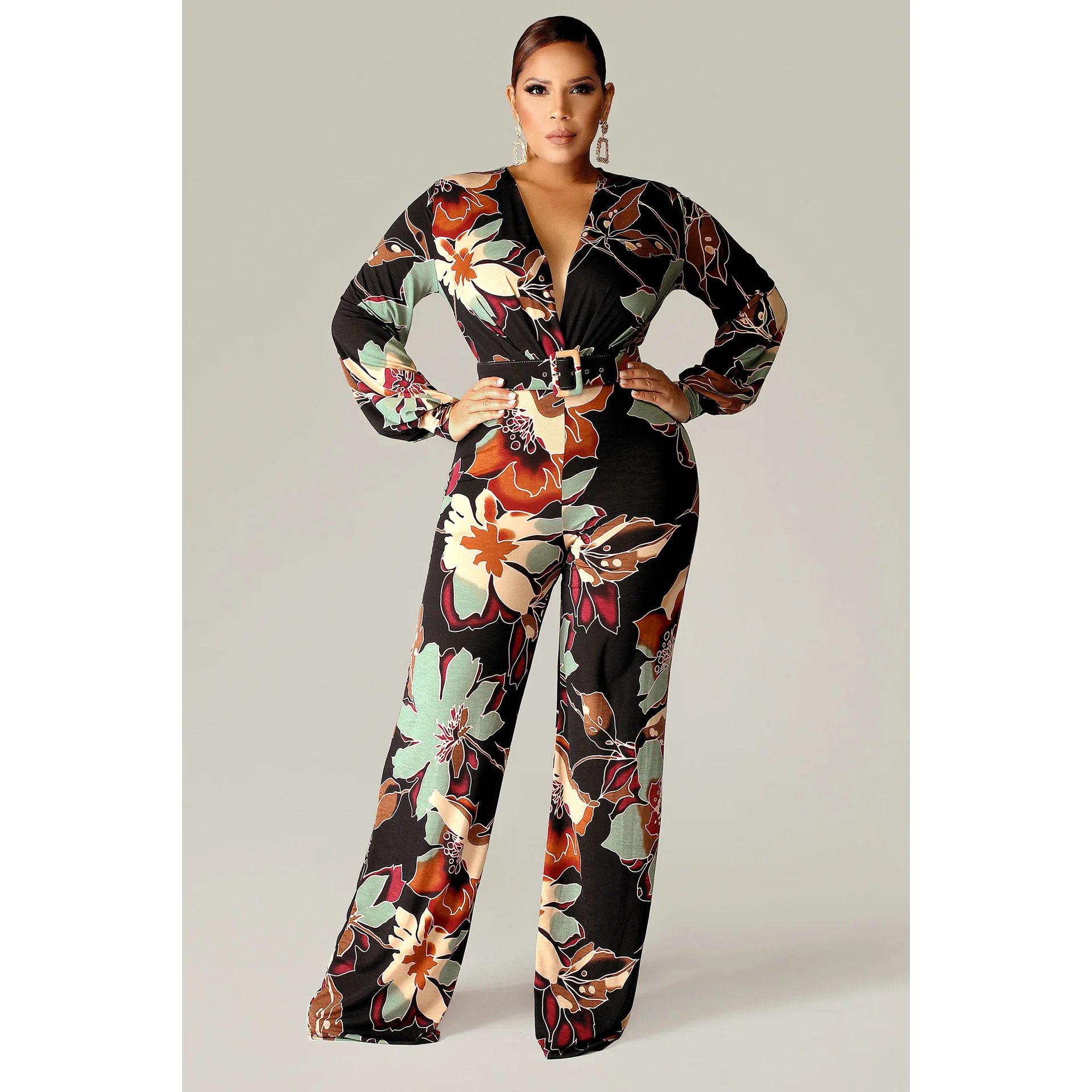 European and American spring and autumn printed jumpsuit fashion deep V -neck sexy high waist wide -leg jacket