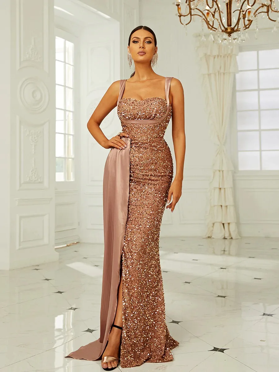 

2023 new backless suspenders gold sequins anchorman fish tail evening dress banquet evening dress dress
