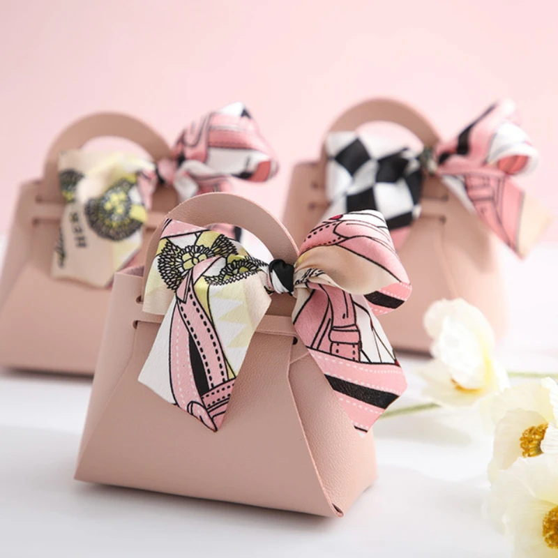 5PCS Leather Gift Bags Wedding Fashion Favour Bag for Guest Mini Handbag With Ribbon Candy Packaging Box Eid Distributions Party