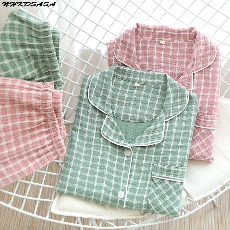 Couples Pajama Set 100% Cotton Crepe Women And Men Home Suit Female Sleep Top Bottom Sleepwear Long Sleeve Soft Pyjamas