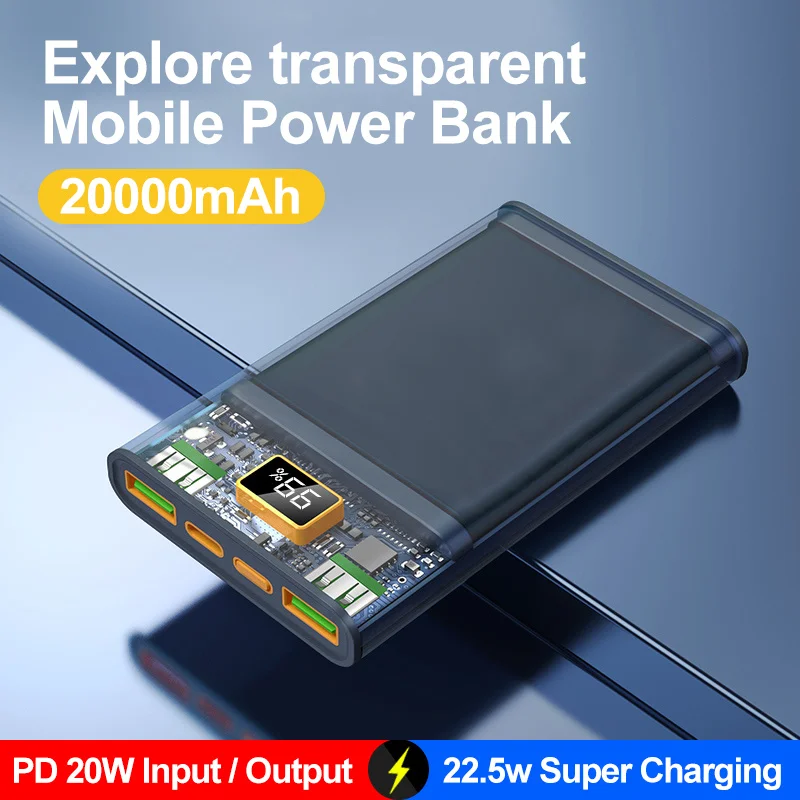 

20000mah Transparent PD20w Power Bank 22.5w Super Quick Charging Portable Battery Mini PowerBank for Apple/Xiaomi/Huawei/Samsung