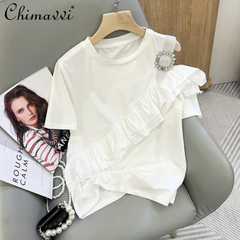 

2022 Summer Korean Style Exquisite Rhinestone Off-Shoulder Ruffled Patchwork Round Neck Top Women Fashion Short Sleeve T-shirt
