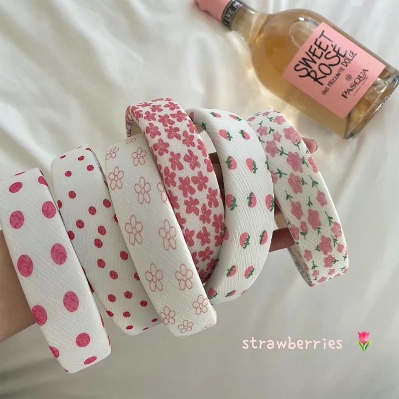 

Korea Lovely Pink Strawberry Polka Dot Sponge Headbands Padded For Women Flower Wide Edge Hair Hoop Bands Headwear Accessories