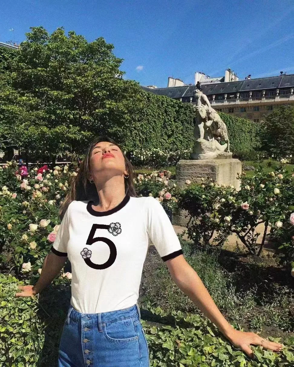

124992 New Cotton Short Sleeve Flocking Embroider Short Sleeve T-shirt Woman