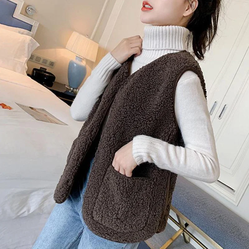 

Casual Spring Fleece Fur Cropped Vest Women V-neck Sleeveless Jacket Korean Teddy Coat Gilet Vintage Waistcoat Outwear Chalecos