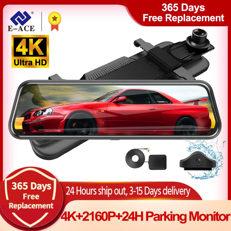 E-ACE A37P Car DVR Mirror 10 Inch Dash Cam 4K Video Recorder Super Night Vision Car Camera support GPS 1080P Rear view Camera