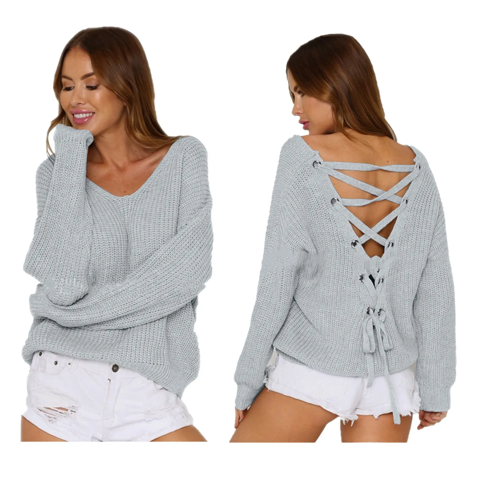 Осень-зима сексуальный однотонный свитер с v-образным вырезом и открытой спиной