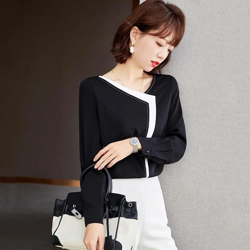 

Spring Blouse female 2022 new chiffon shirt women splicing OL professional shirt full sleeve v neck causal blouse female tops