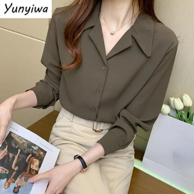 

Рубашка женская в минималистичном стиле, элегантная офисная блузка в винтажном стиле, дышащая Повседневная модная однотонная, на осень