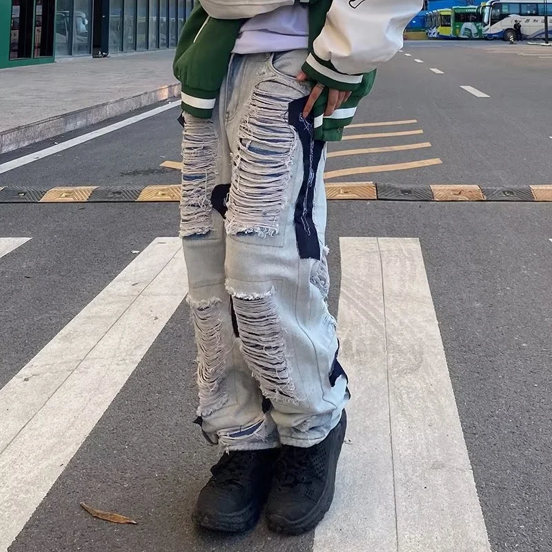 DEEPTOWN Hole Punk Jeans Men Streetwear Oversize Denim Pants Loose Casual Straight Trousers Male Hip Hop Patchwork Spring 4XL