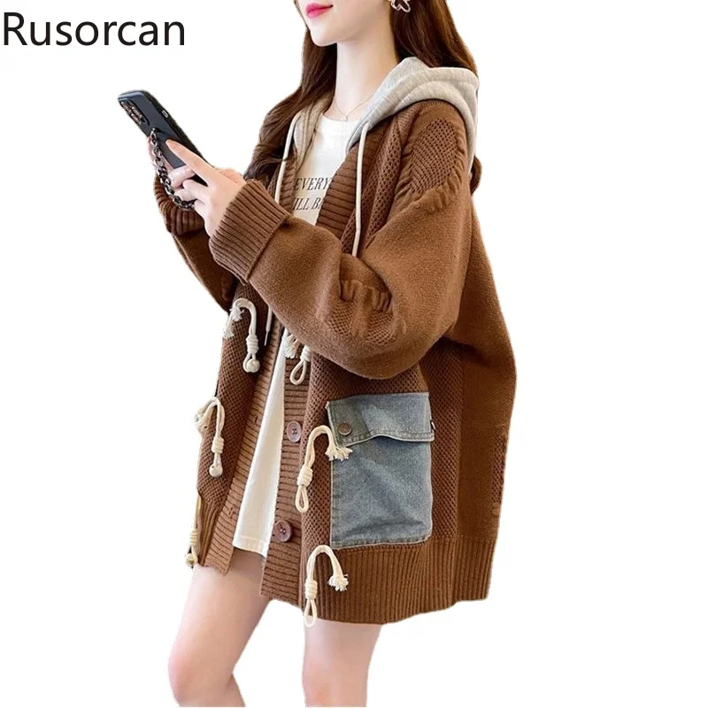 

Женский джинсовый свитер с капюшоном, повседневный пуловер в стиле пэчворк, Осень-зима 2023