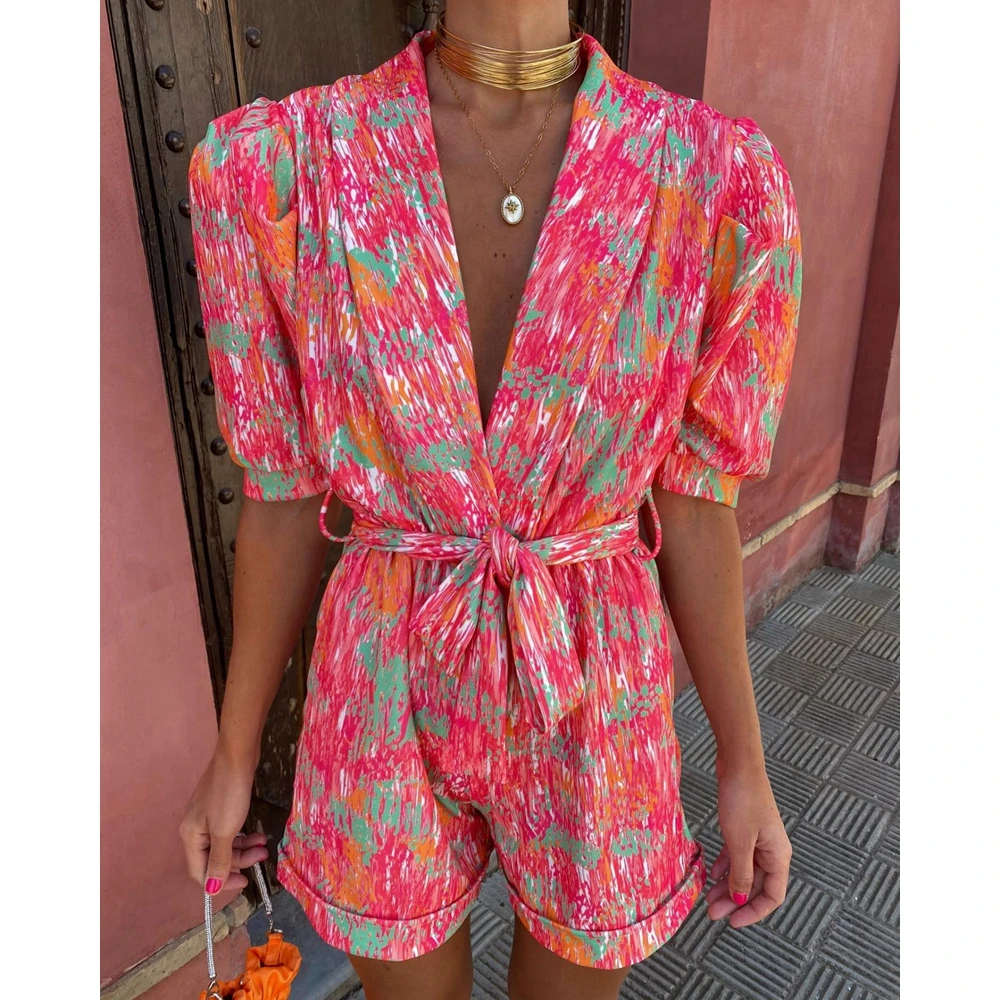 Elegant Summer Women Print Puff Short Sleeve Romper with Belt Nothch Collar Playsuit One Piece Outfits Office Lady Streetwear