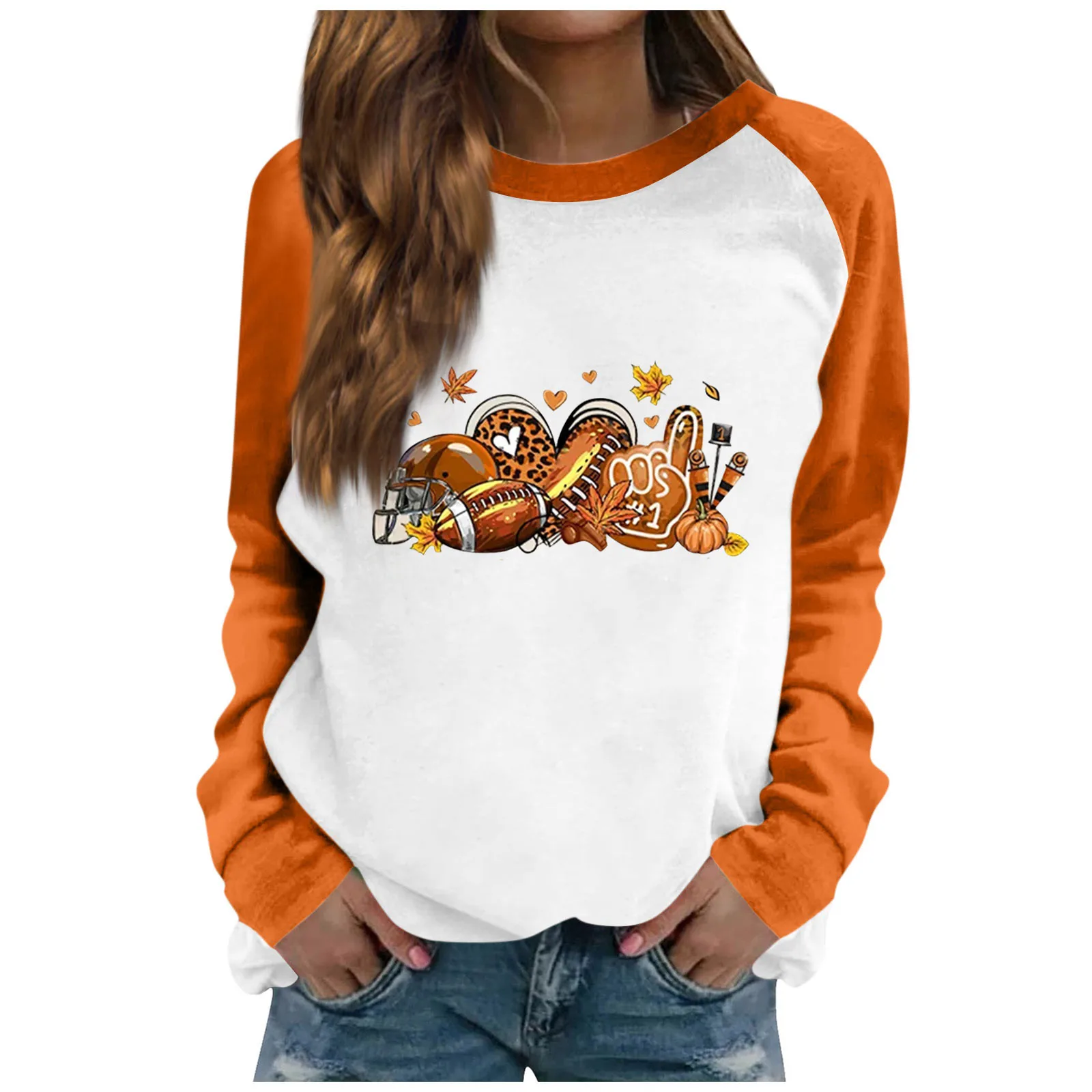 

Осенняя рубашка с мультяшным принтом, футболка с графическим принтом на День Благодарения, Женский Осенний верх, повседневный лоскутный пуловер с длинным рукавом и круглым вырезом