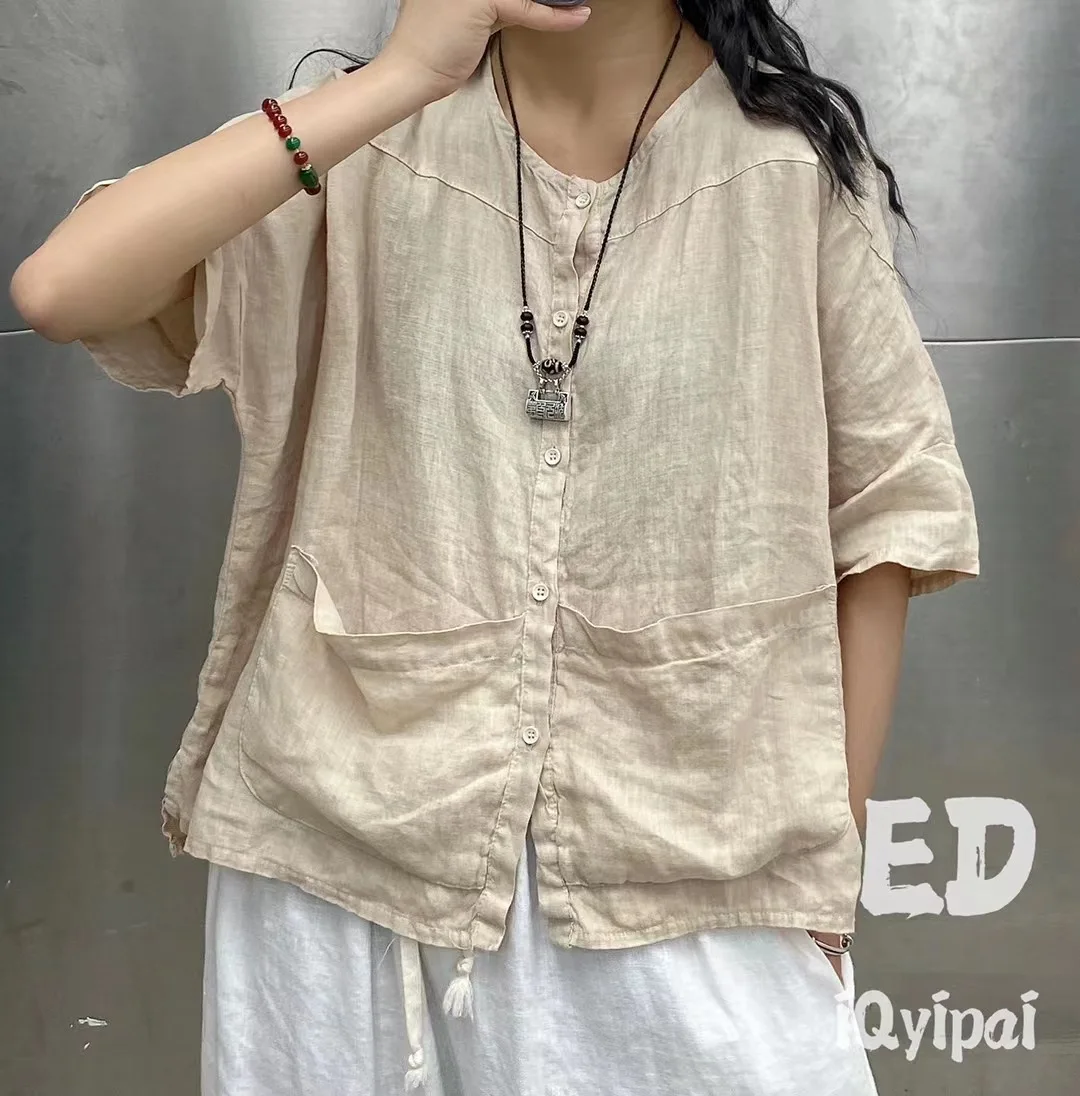 

ED iqyipai Cotton Linen Vintage Women Short Cardigan Solid Loose Spring Summer Thin Casual Long Sleeve Jackets