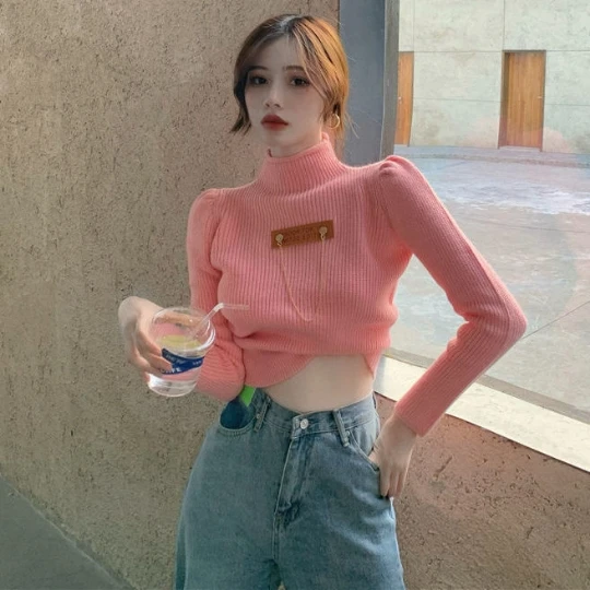 

Розовый Корейский Японский пуловер с пышными рукавами для девушек и женщин, свитер с круглым вырезом, вязаные топы, плотные женские свитера,...