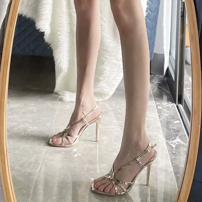 Новинка 2024 летнее платье для женщин серебристые облегающие сандалии на каблуках