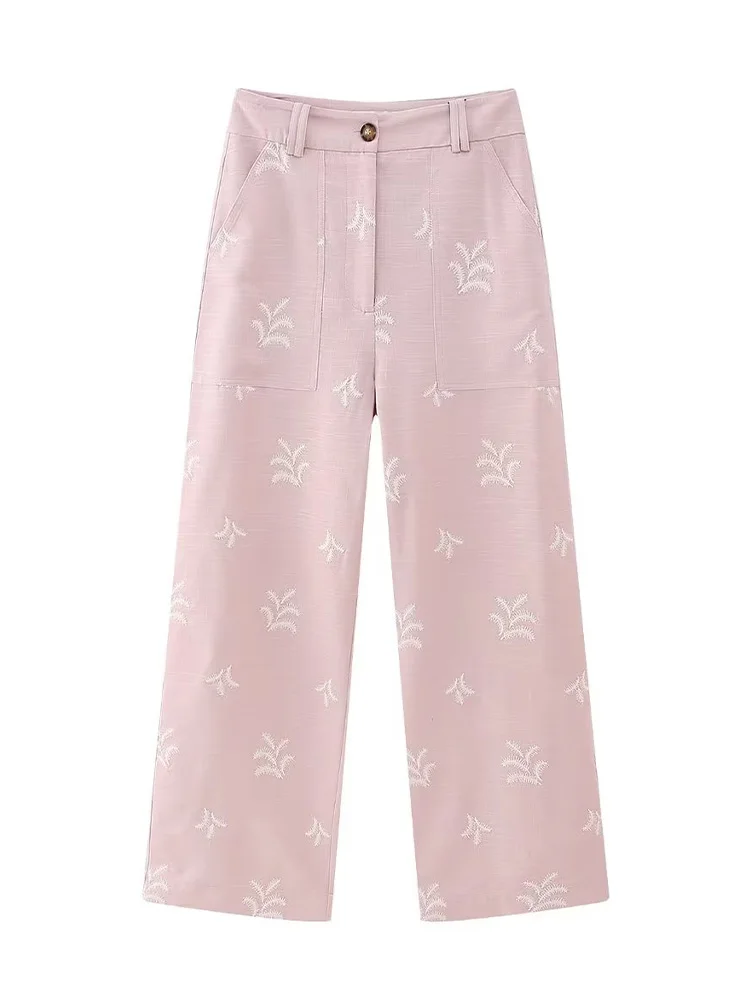 

Willshela женские модные розовые широкие брюки с вышивкой спереди на молнии винтажные длинные женские брюки с высокой талией