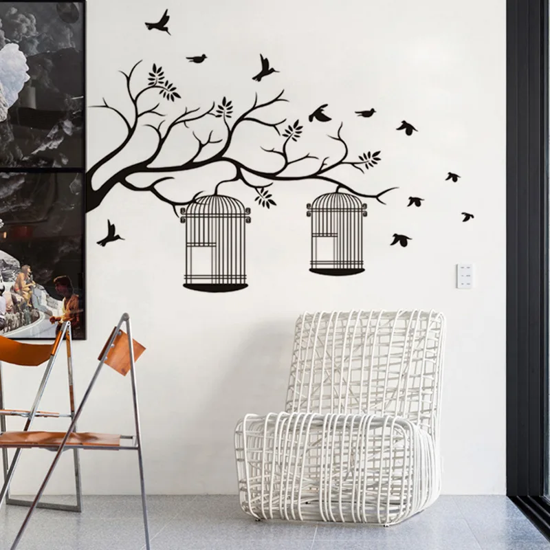 Декоративные самоклеющиеся винилы для стен черное дерево клетка птиц настенные