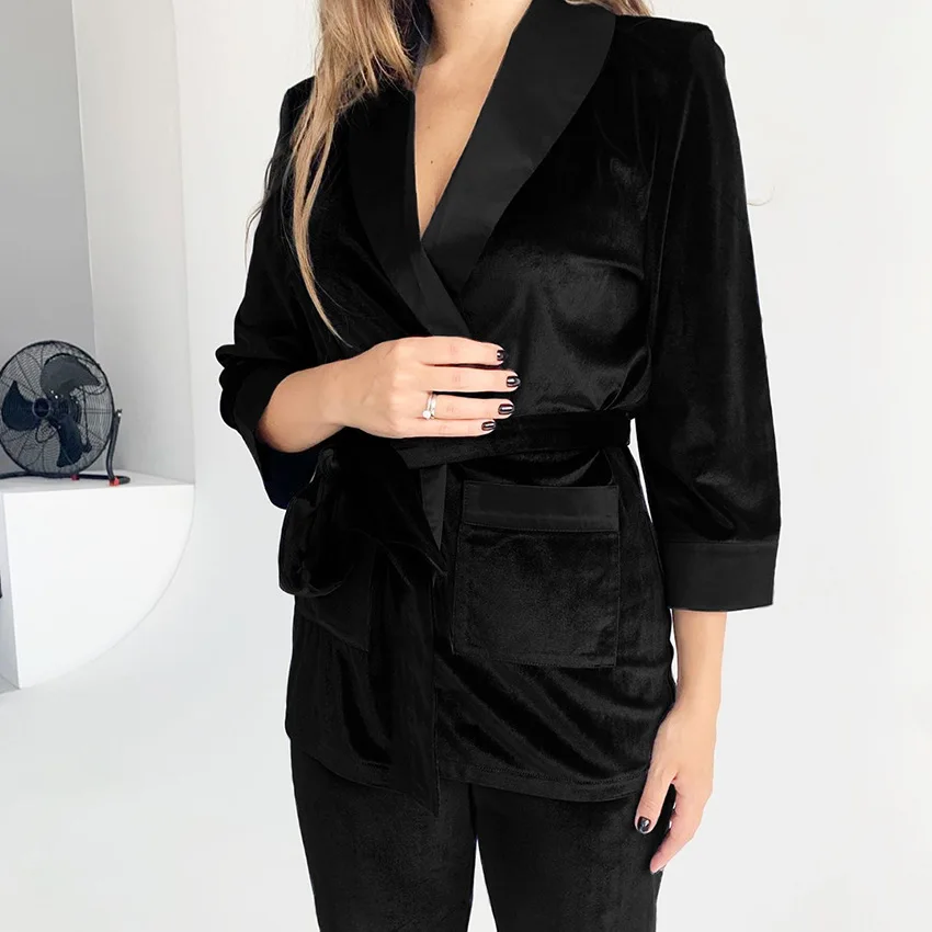 Women Robe Longue 2 Piece Robe Longue Velvet Robes Women Luxury Sleepwear Pajamas Set Pj Set