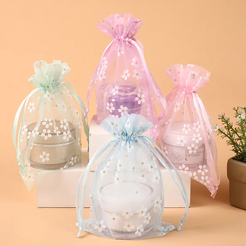 

10pcs/Lot 10x14cm New Printed Flowers Drawstring Pouches Wedding Party Candy Packing Organza Jewelry Bag Gift Bags