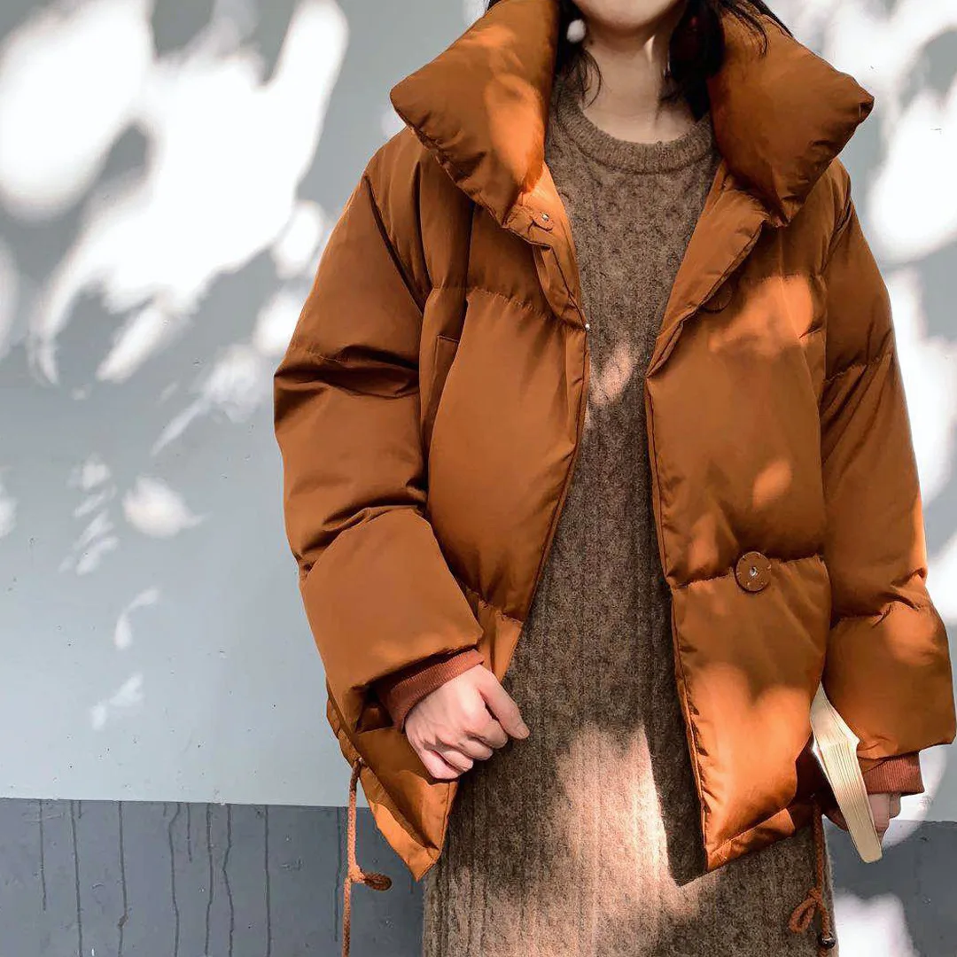 2022 Thick Warm Winter Puffer Jacket Women Stand Collar Button Down Oversized Coat Female Solid Color Long Sleeve Overcoat