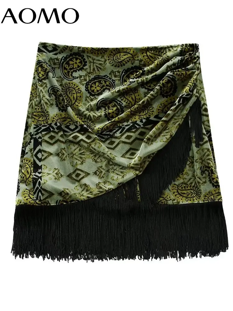 

AOMO 2022 Women Print Velvet Tassel New Year Skirt Zipper Party Shorts BE24A