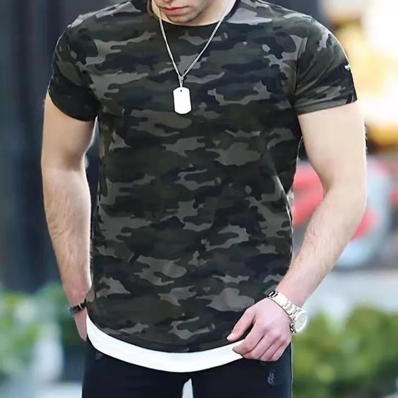 

Летняя новая мужская Спортивная футболка с коротким рукавом для фитнеса с цифровой печатью, камуфляжная Повседневная футболка с круглым вы...