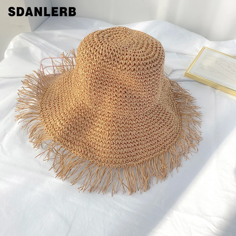 

Fashionable Frayed Hem Wide Brim Foldable Straw Hat Beach Hat Sun-Shade All-Match Sun Protection Summer Seaside Vacation Cap