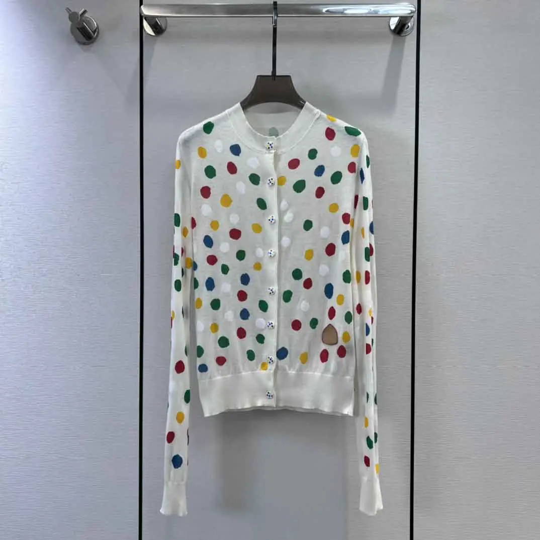 

Spring and summer new hand-painted polka dot decoration long-sleeved crewneck cardigan